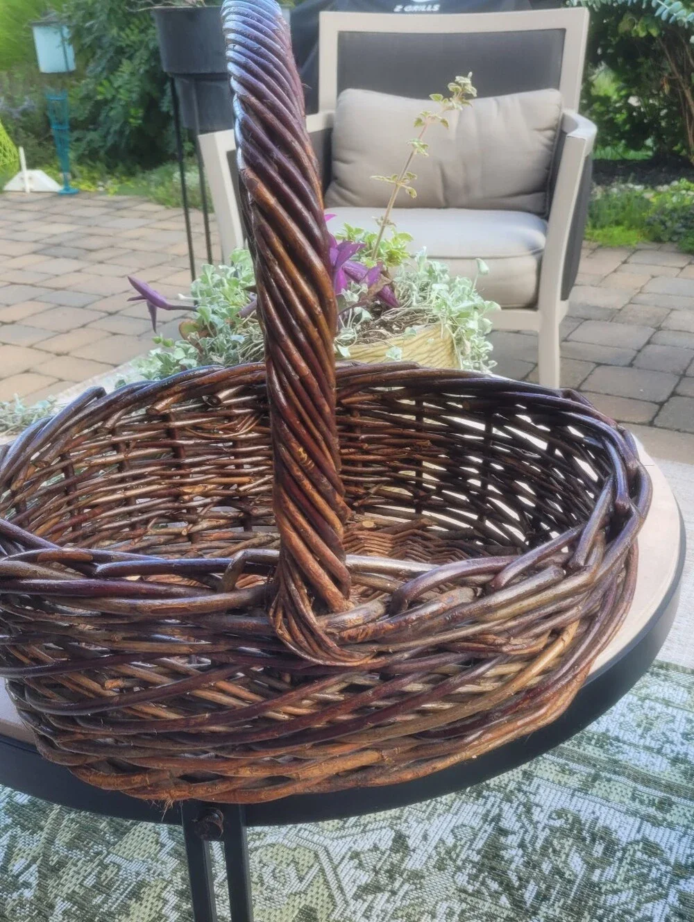 Large Dark Willow Gathering Basket with Arched Twisted Handle Handmade Vintage